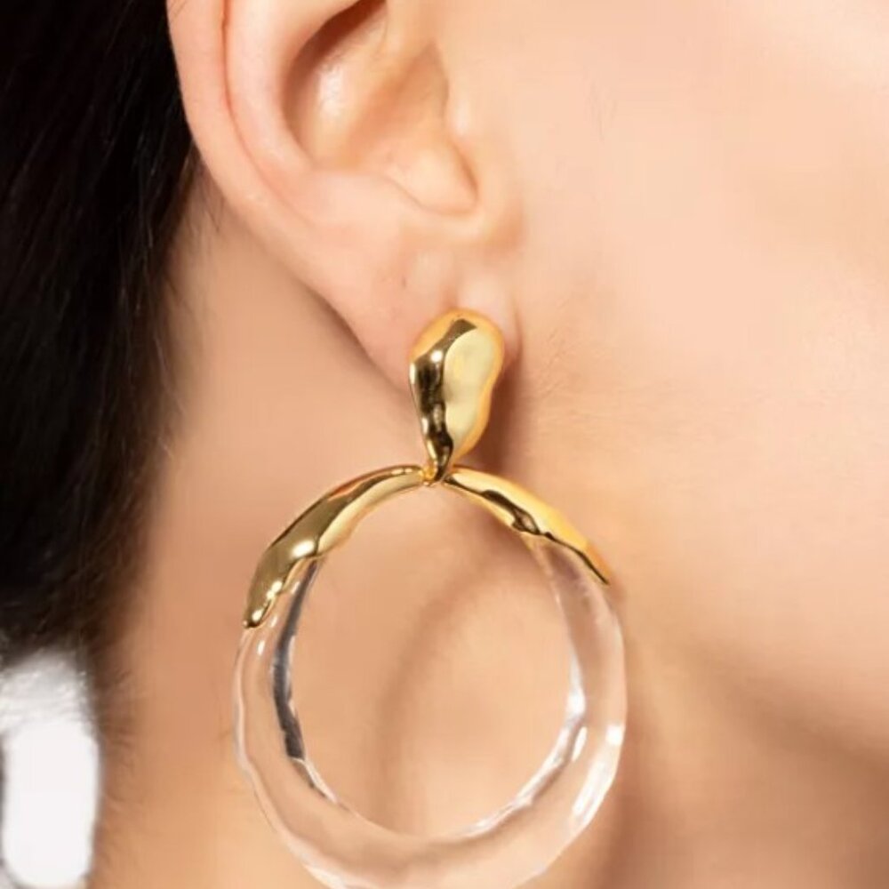 Alexis Bittar Molten Gold Metal and Clear Lucite Hoop Drop Earrings - Picture 6 of 8